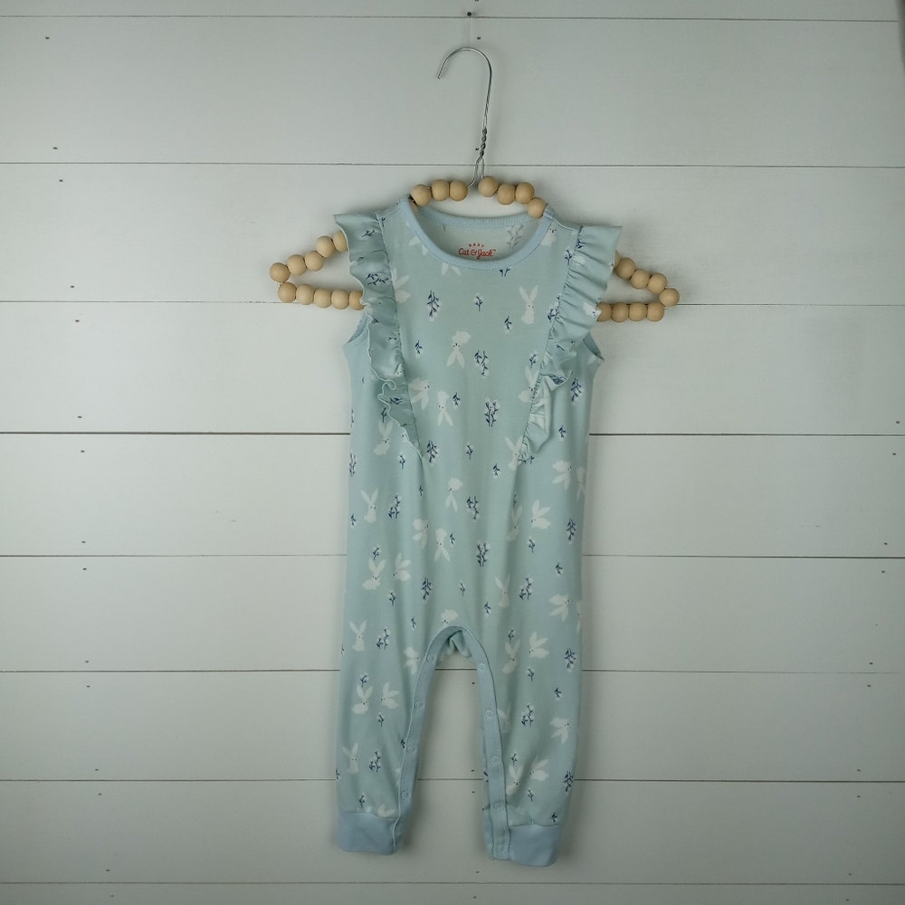 Cat & Jack Girls size 18 mos pant romper light blue with bunny and floral design